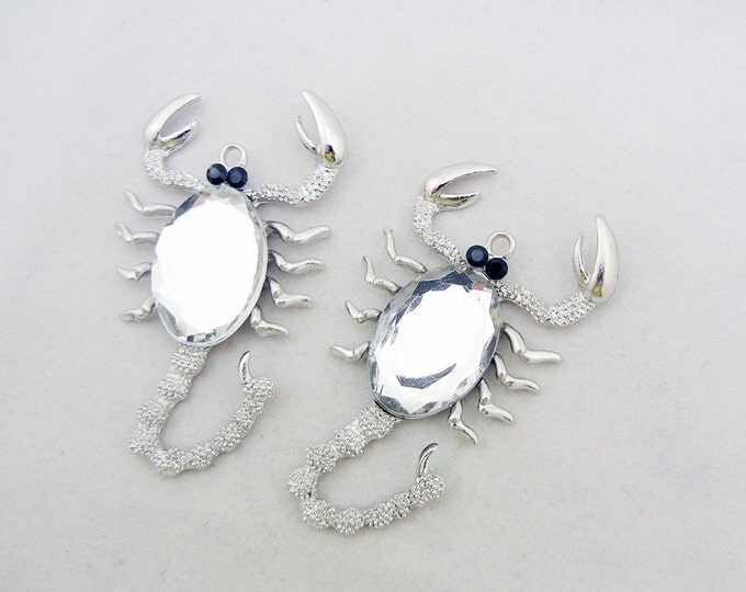 2 Large Textured Silver-tone Scorpion Pendants Faceted Acrylic Cabochon- Choose Your Color