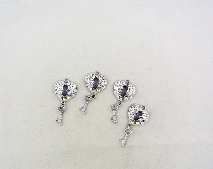 Set of 4 Silver-tone Heart Lock and Key Charms Rhinestones