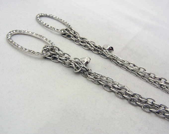 Pair of Rhinestone Ovals with Chains Drop Charms Antique Silver-tone