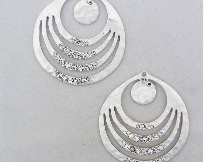 Pair of Round Matte Silver-tone Drop Charms Rhinestones