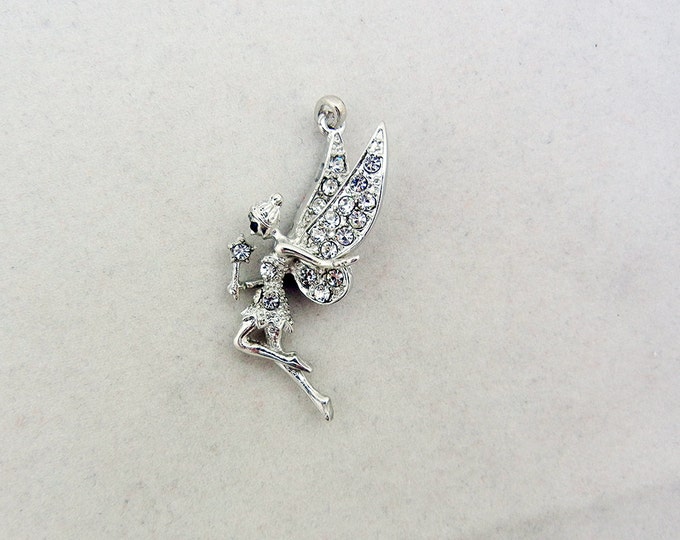 Dimensional Rhinestone Winged Fairy Pendant Silver-tone