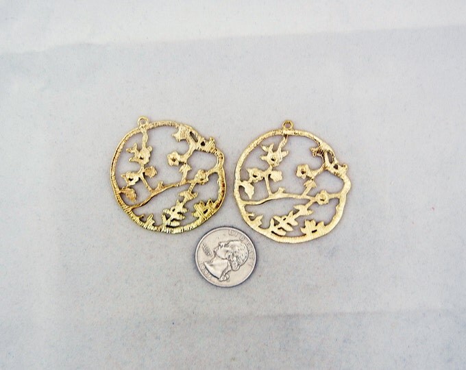 Pair of Gold-tone Tree Branches Rhinestone Flower Charms