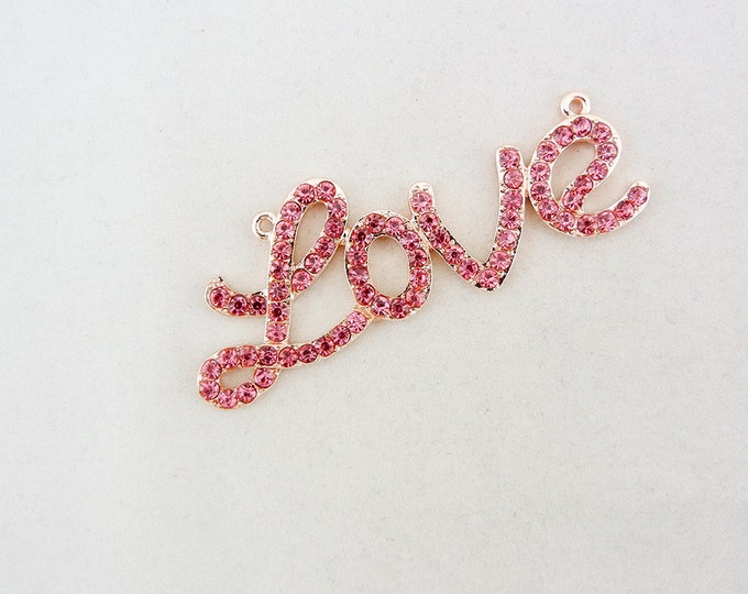 Pink Rhinestone Love Pendant Gold-tone Double Link