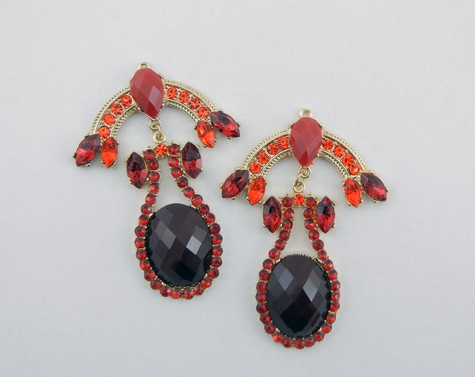 Pair of Red Rhinestone Chandelier Drop Charms Gold-tone