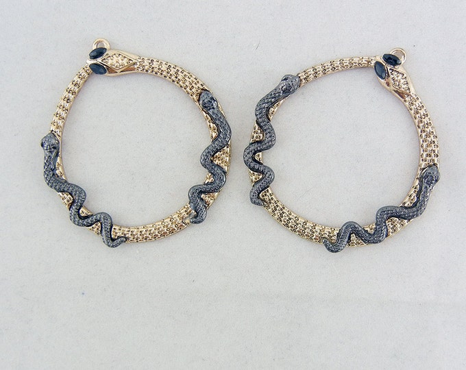 Pair of Two-tone Round Snake Charms Antique Gold and Hematite