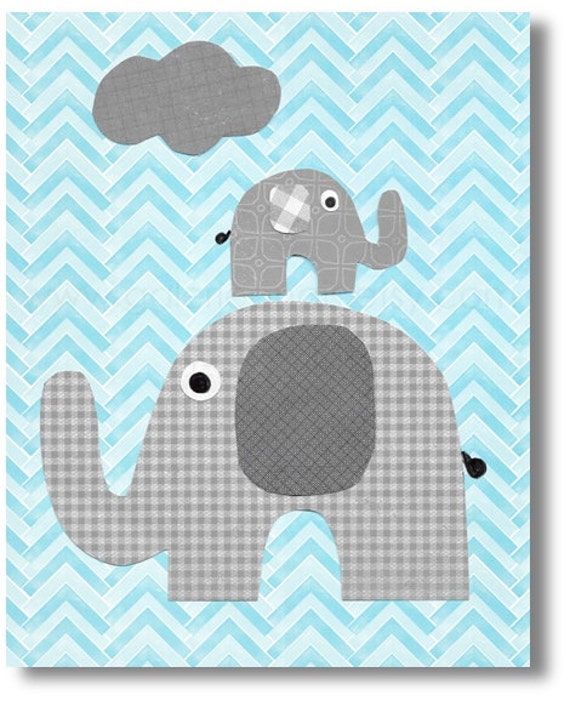 Chevron blue and gray Nursery art prints - baby nursery decor - nursery wall art - elephant nursery - You and Me print by GalerieAnais