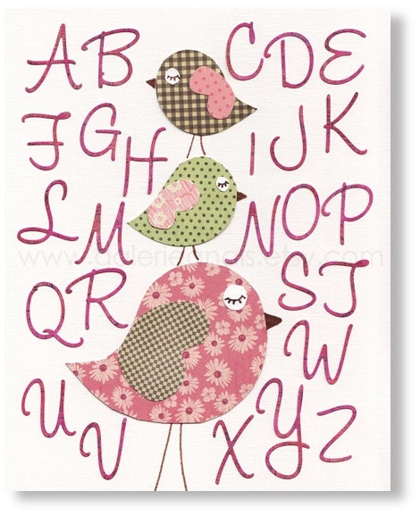 nursery alphabet kids alphabet - nursery decor - Girl pink and green room - nursery bird - Tendresse Alphabet print