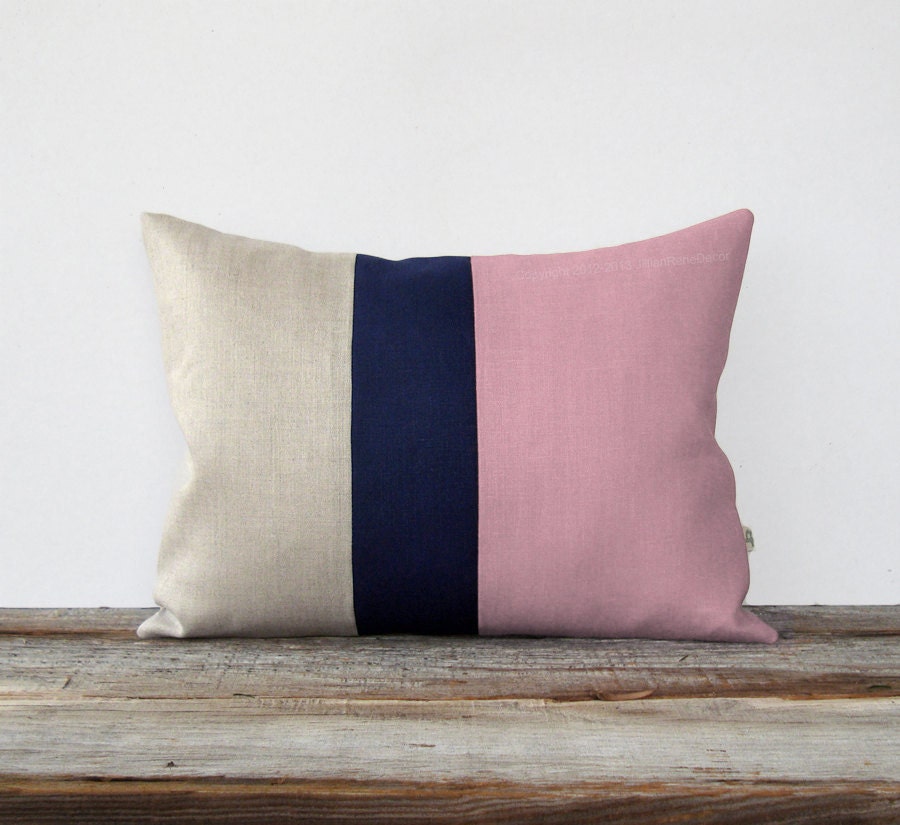 Preppy Pink Color Block Pillow with Navy Linen Stripe by