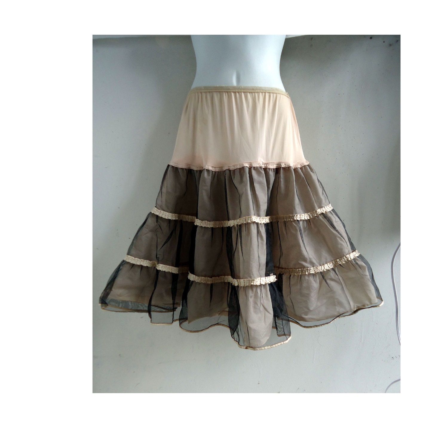 50s Vintage Petticoat Half Slip Crinoline Nude Black Skirt