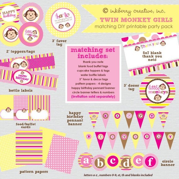 Twin Monkey Girls (Pink and Yellow) Birthday Party - DIY/Printable Complete Party Pack Il_570xn