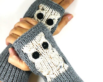 Knit Hand Warmers Cream Owl Gloves Winter Accessories Womens Winter Gloves Knit Grey Gloves Knit Handwarmers Gray Texting Gloves