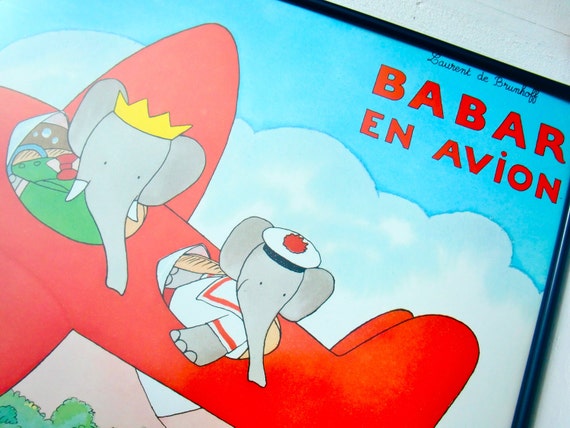 Vintage Babar En Avion Large Framed Art Print Laurent de