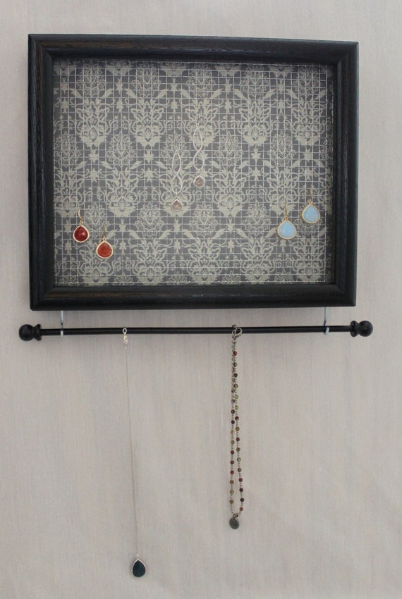 Hanging Jewelry Organizer Grey and Cream Damask