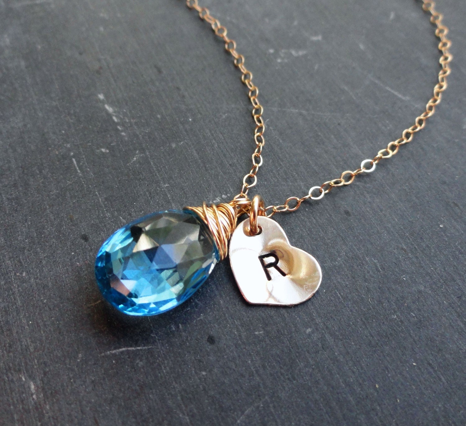 Gold initial necklace with custom birthstone, personalized gemstone necklace, birthstone necklace with letter charm, otis b, blue topaz