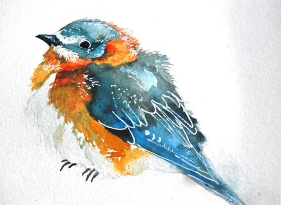 Watercolor Painting Original Bluebird Bird Painting by WoodPigeon