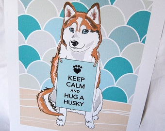 Keep Calm Red Husky with Scaled Background - 7x9 Eco-friendly Print