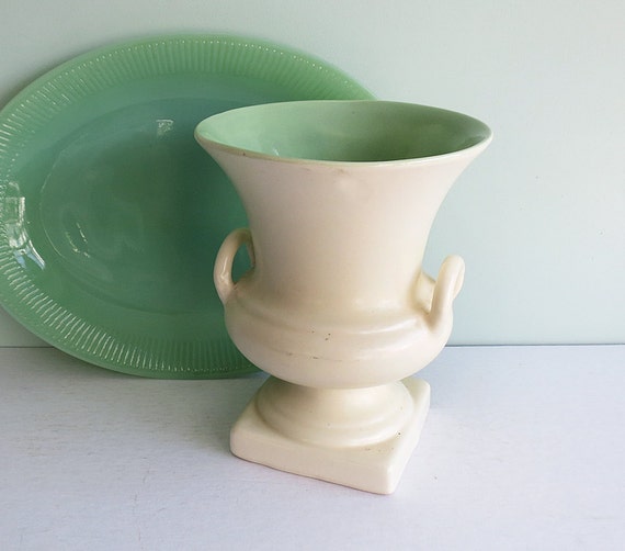 Vintage Red Wing Pottery Double Handled Flower Vase White