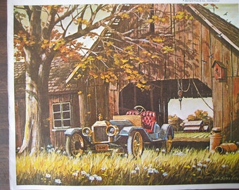 Vintage Print of a Country Barn and old Car. FREE U.S. SHIPPING