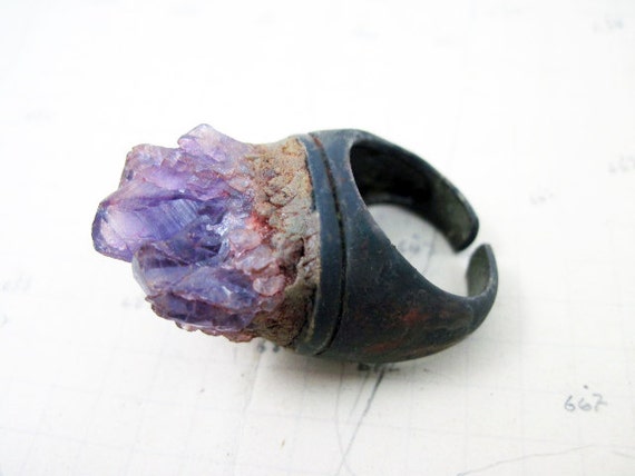 Kiss the Ground. Raw Amethyst crystal on chunky oxidized ring.