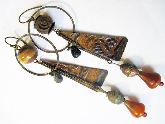 Time the River. Rustic Gypsy dark, victorian tribal assemblage earrings