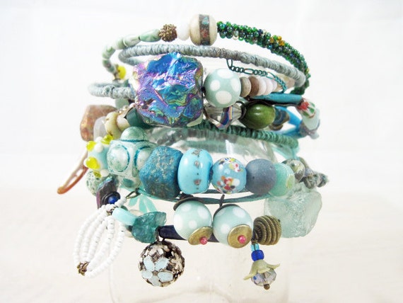 Liquid Light 2. Blue Green Rustic Gypsy Bangle Stack, bracelet set.