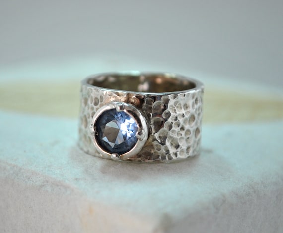 Natural Blue Zircon Hammered Band Ring by donnaohdesigns on Etsy