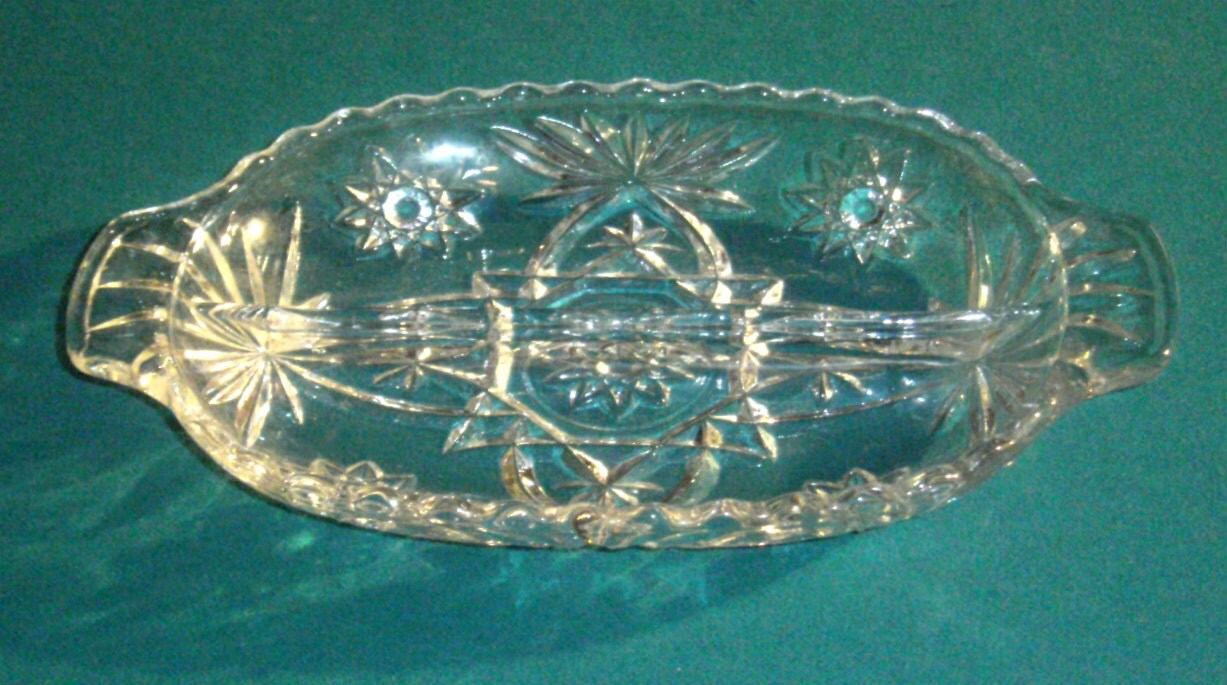 Vintage Cut Glass Dish Star of David Pattern Divided