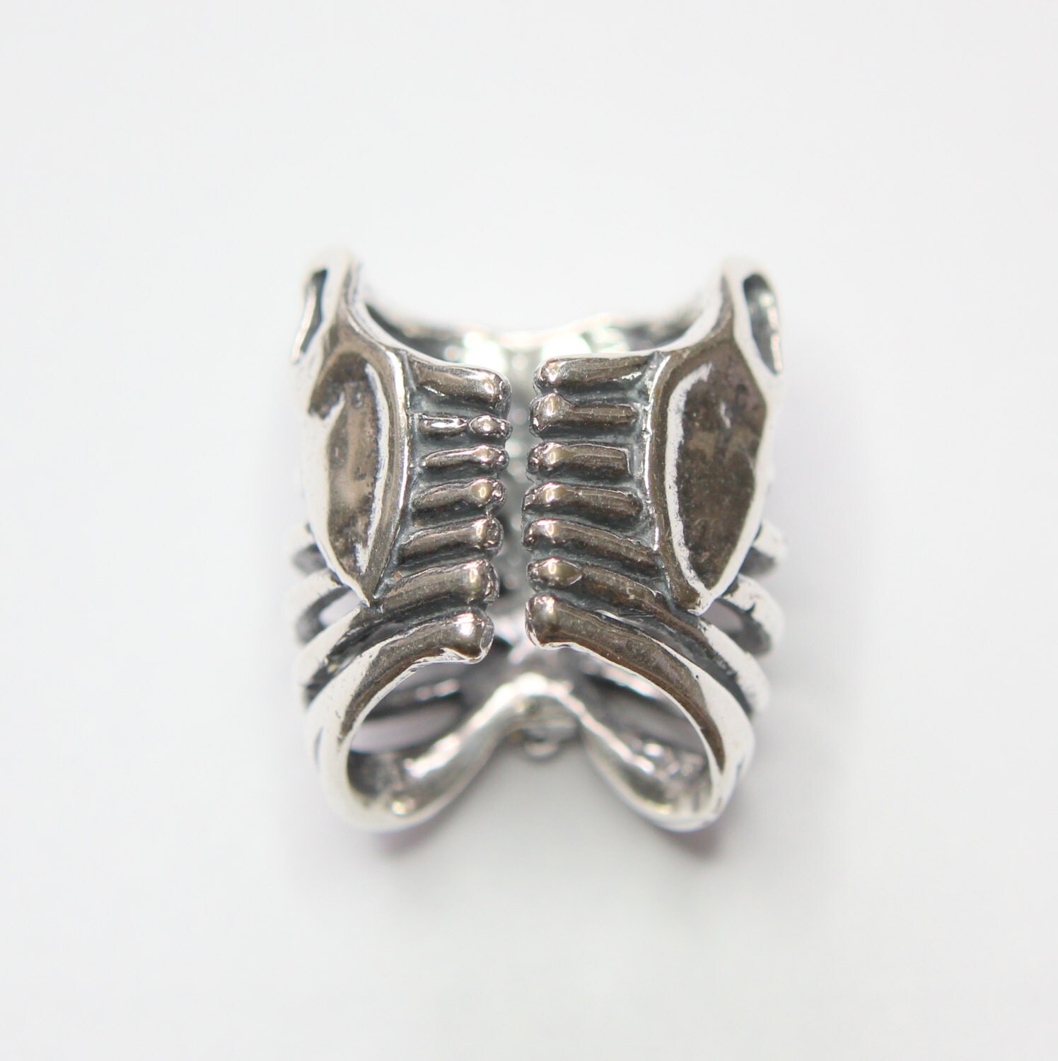 Silver Rib Cage Ring in Solid White Bronze with Sterling