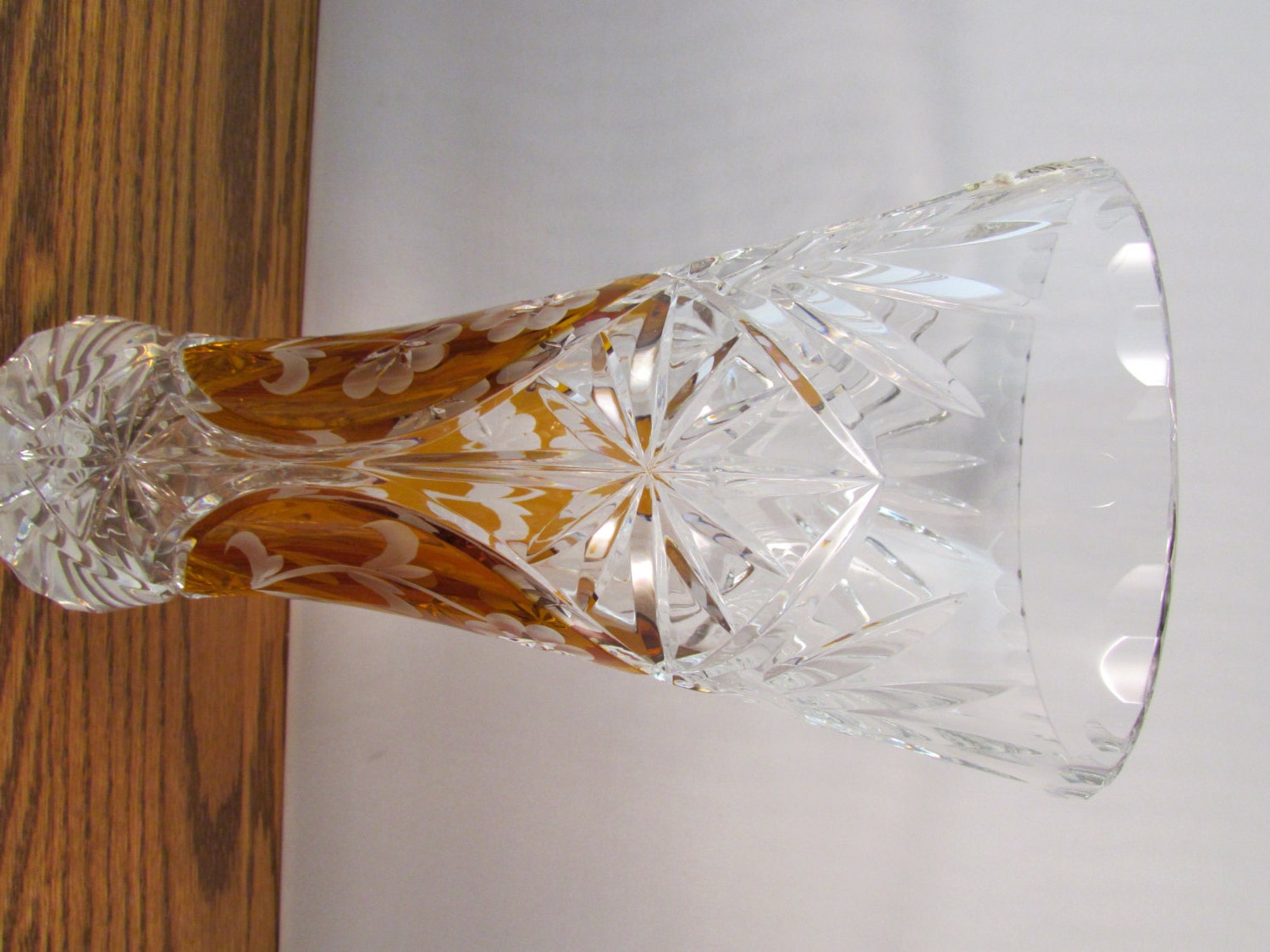 Vintage Julia Polish Lead Cut Crystal Vase Amber Glass Cut To