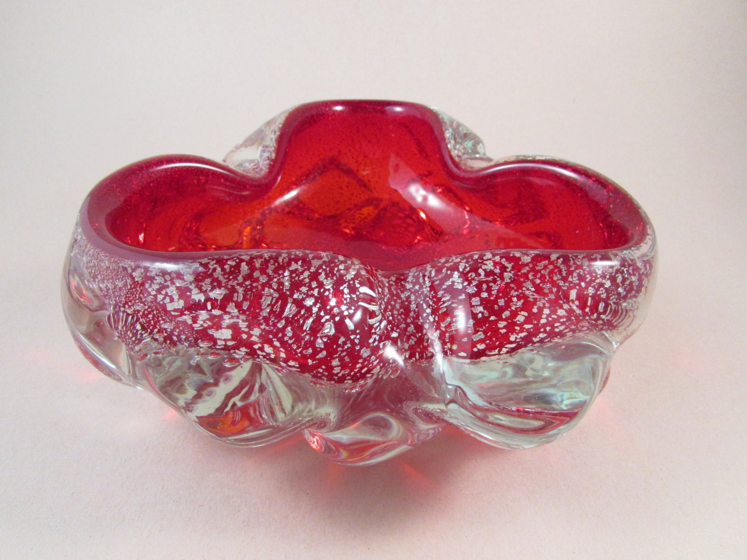 Vintage Murano Art Glass Bowl Red Silver and Clear Glass
