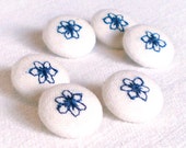 Fabric Buttons - Embroidered Blue Flowers - 6 Small Floral White Fabric Covered Buttons