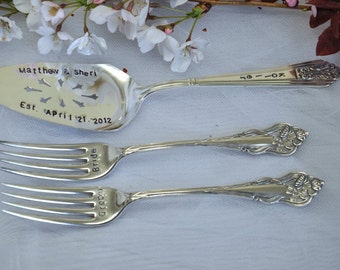 Wedding Mr. and Mrs. Ornate Forks & Cake Server Hand Stamped Bride and Groom Silverware