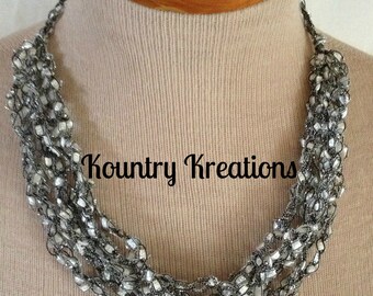 Ladder Yarn Necklace, Silver Crocheted Ribbon Necklace, Fiber Jewelry/MOONBEAM Ladder Necklace (Ready to Ship)