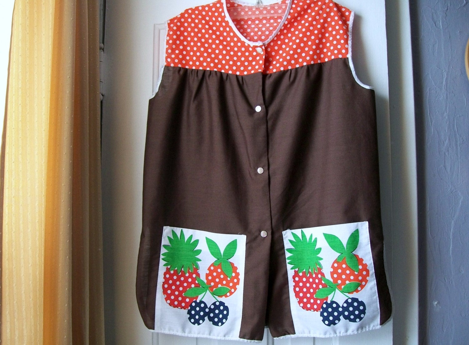 Vintage Full Apron Smock Apron Brown and Orange Snap Up Front