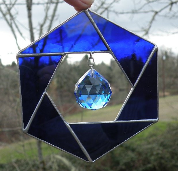 Stained Glass Hexagon cobalt blue suncatcher with crystal ball