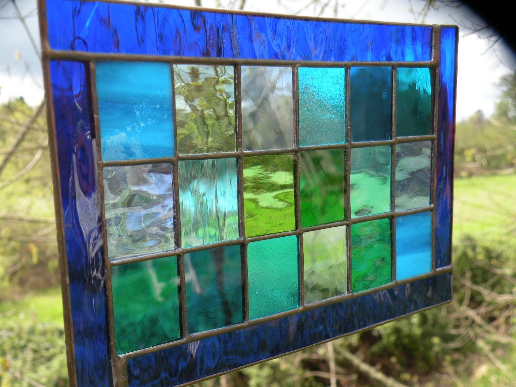 Stained Glass window panel blue green teal