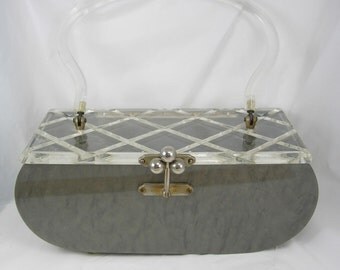 Vintage silver gray marbelized lucite purse with carved top Grey retro design