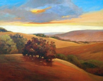 California Coast Hills, Summer Hills, Coast Range, Rolling Hills, ArtPrint, Impressionist Art, Warm Colors, Coastal Fog, 8 x 10, Limited Ed.
