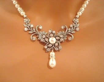 Wedding necklace, Pearl necklace, Wedding jewelry, Crystal necklace, Statement necklace, Bridal necklace, Rose Gold necklace, Rhinestone AVA
