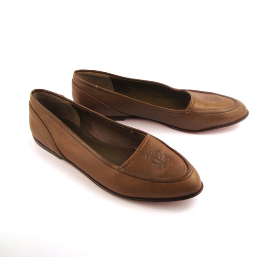 Leather Flats Shoes Vintage 1980s Liz Claiborne Olive Drab