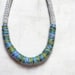 Statement necklace, cotton thread. Grey pearl, pale blue, turquoise, apple green.