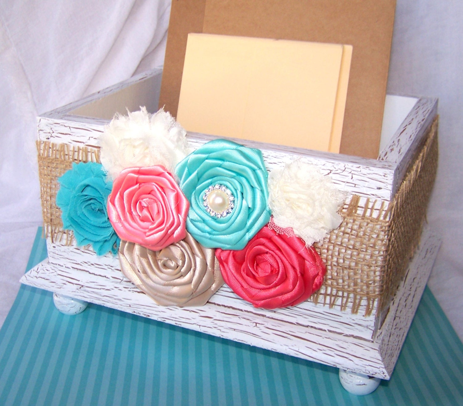Download Wedding Card BOX Burlap Coral and Aqua Blue Modern by itsmyday