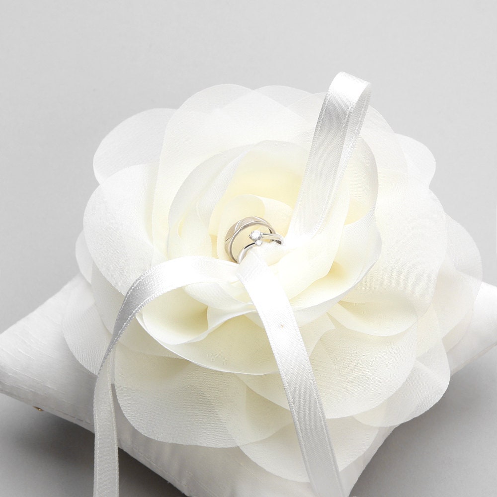 Ivory wedding ring pillow chiffon flower bridal ring pillow