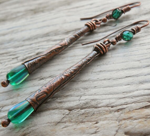 Emerald Green Glass Lily Bud Earrings with Antiqued by lunedesigns