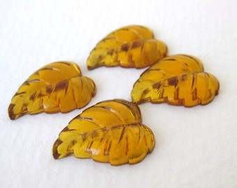 Vintage Glass Cabochon Topaz Gold Leaves Floral Foiled 16x12mm gcb0795 (4)