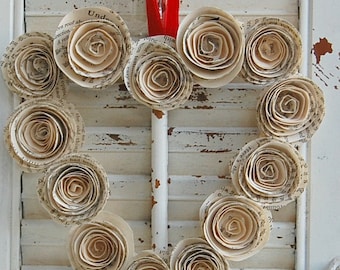 Valentine Wreath / Heart Wreath / Vintage Book Wreath Paper Roses 9 "