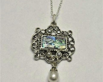 Roman glass necklace. Designer Sterling silver by Bluenoemi