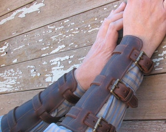Steampunk Oiled Chocolate Brown Leather Gauntlets or Bracers with Antiqued Brass Hardware