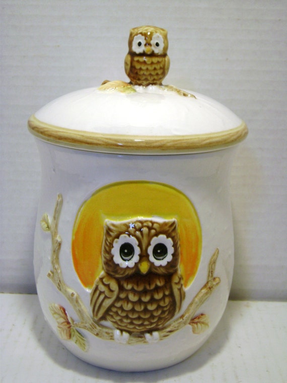 Vintage Owl Canister w/ lid Woodland Earth Tones Cute Big