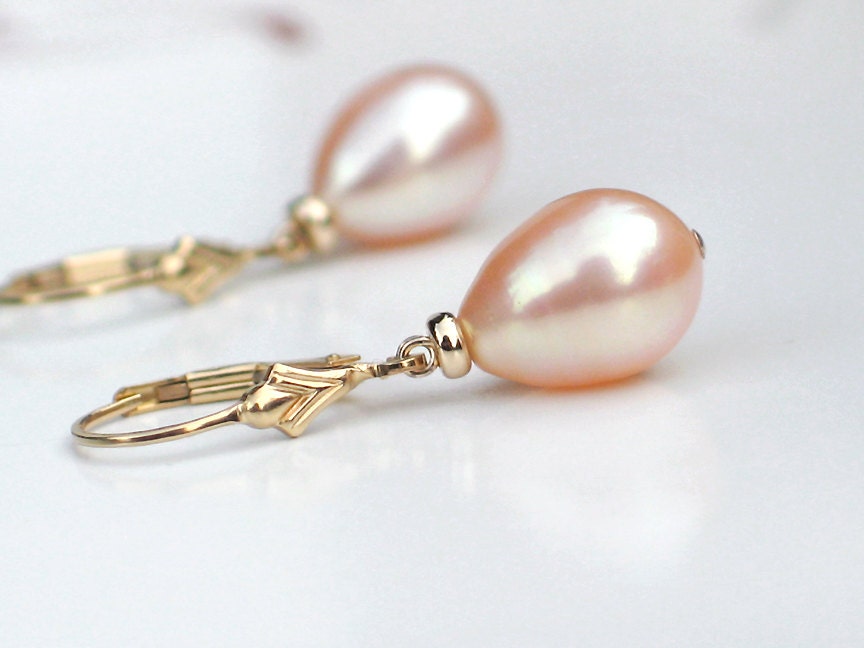 Pink Pearl Drop Earrings Peach Pink Champagne Freshwater